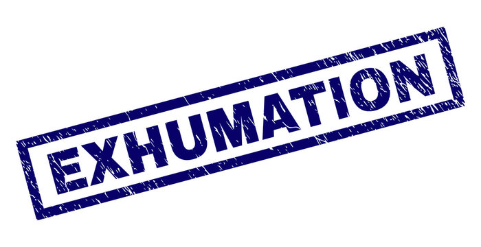 Rectangle EXHUMATION seal print with distress texture. Rubber seal imitation has rectangle frame. Blue vector rubber print of EXHUMATION text with scratched texture.