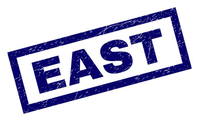 Rectangle EAST seal stamp with corroded texture. Rubber seal imitation has rectangle frame. Blue vector rubber print of EAST text with dust texture.