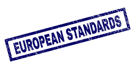 Rectangle EUROPEAN STANDARDS seal print with corroded texture. Rubber seal imitation has rectangular frame. Blue vector rubber print of EUROPEAN STANDARDS label with dirty texture.