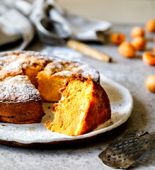 Cake with apricots on gray background .Cake with  fresh fruits. Homemade Sweet Dessert.Top View. selective focus.