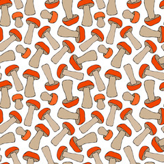 Fototapeta na wymiar Seamless Endless Red or Orange Aspen Mushrooms Pattern. Autumn or Fall Harvest Collection. Realistic Hand Drawn High Quality Vector Illustration. Doodle Style.