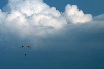 motorized paraglider,sky,cumulus,clouds,white,paraglider,view,fun,nature,fly,blue,freedom,air,wind