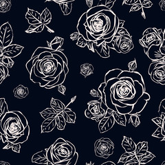 Seamless vector texture with stylized outline roses, rose buds and leaves for fabric design.