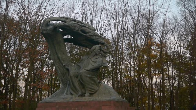 Long shot of the Chopin Monument in Lazienki Park in Warsaw, Poland with the statue on the left of the frame with trees in the background