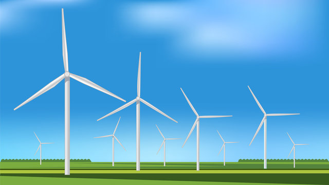 Green meadow with Wind turbines generating electricity, alternative energy, vector image.