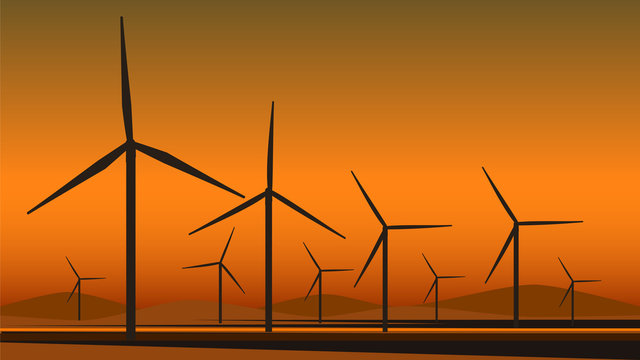 Wind mill farm silhouette in desert. Wind turbine alternative energy, vector image.