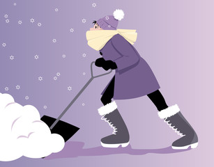 Young woman shoveling snow, EPS 8 vector illustration
