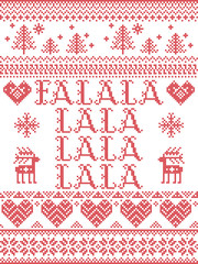 Falalalalalalalala Christmas Scandinavian vector seamless pattern inspired by nordic culture festive winter in cross stitch with heart, snowflake, star,  snow, Christmas tree
