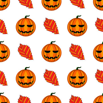 Seamless pattern with Halloween pumpkin and leaf