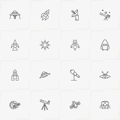 Astronomy line icon set with robot, satellite and unknown flying object