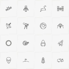 Astronomy line icon set with telescope, earth and spacecraft