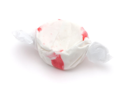 Single Piece of Peppermint Salt Water Taffy on a White Background