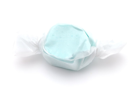 Single Piece of Blue Salt Water Taffy on a White Background