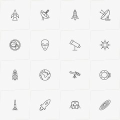 Astronomy line icon set with satellite, alien and sun