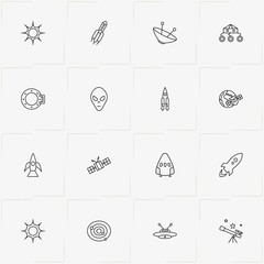 Astronomy line icon set with universe, space station and unknown flying object