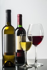 Bottle of Red and White Wine with Glass