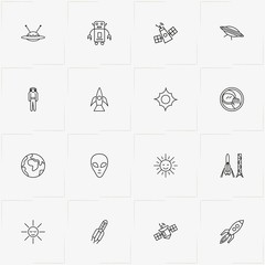 Astronomy line icon set with unknown flying object, robot and space porthole