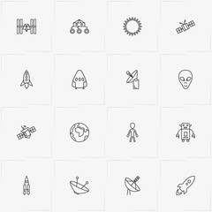 Astronomy line icon set with space ship, earth and moon walker