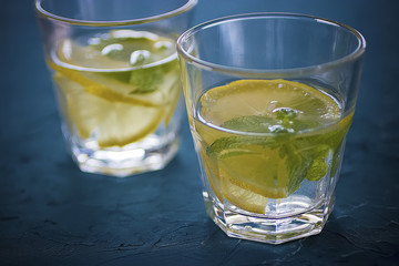 Two glasses of water with lemon and mint.