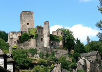 Fototapeta na wymiar Castle and old stone houses of the medieval village Belcastel, Aveyron, France 