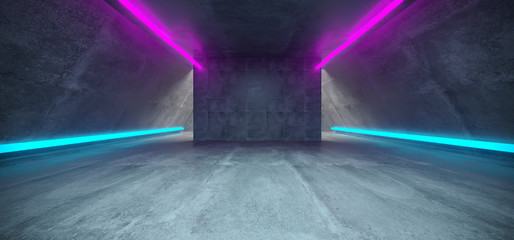 Futuristic Sci Fi Concrete Long Triangle Shaped Tunnel With Purple And Blue  Glowing Neon Line Signs Inside Empty Space 3D Rendering