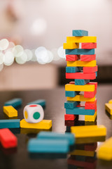 Jenga. Set of tower game. Wooden stack block toy. Business risk concept with wood jenga game.Businessman manage his strategy. - 215132545