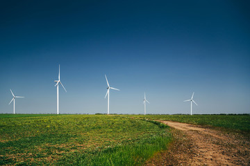 Wind generators turbines on summer landscape in green valley under blue sky