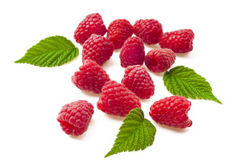 Ripe red raspberry c green leaf isolated on white background