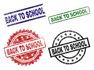 BACK TO SCHOOL seal prints with corroded style. Black, green,red,blue vector rubber prints of BACK TO SCHOOL title with grunge style. Rubber seals with round, rectangle, medal shapes.