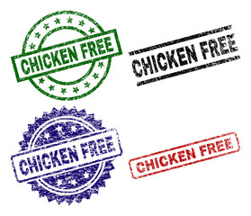 CHICKEN FREE seal stamps with corroded style. Black, green,red,blue vector rubber prints of CHICKEN FREE label with unclean style. Rubber seals with round, rectangle, medal shapes.