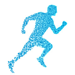 Abstract silhouette running man of flying blue particles isolated on white background. Healthy lifestyle concept. Vector illustration.
