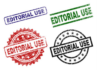 EDITORIAL USE seal prints with damaged style. Black, green,red,blue vector rubber prints of EDITORIAL USE caption with dirty style. Rubber seals with circle, rectangle, rosette shapes.