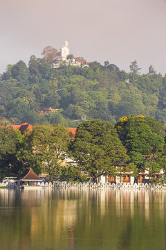 Sri Lanka, Kandy, Bahiravokanda Vihara Buddha Statue above Kandy Lake and the Temple of the Tooth
