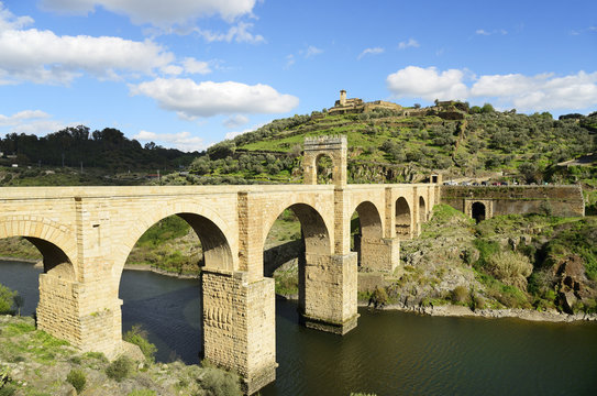 The roman bridge of Alcantara (Trajan's Bridge) is a stone arch bridge built over the Tagus river at Alcantara in 106 AD by an order of the Roman emperor Trajan. It is fully operational today. Extremadura, Spain