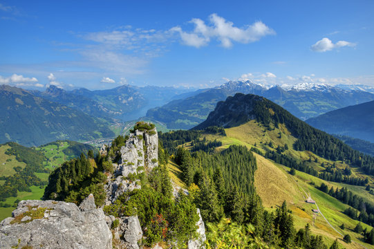 View from Wageten at Riseten mountain, Walensee, Churfirsten and Glarner Alps at fall, Glarus, Switzerland