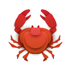Crab in trendy paper cut craft graphic style. Cartoon sea animal. Modern design for advertising, branding greeting card, cover, poster, banner. Vector illustration.