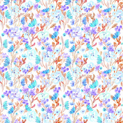 Seamless pattern: watercolor and gold ballpoint pen hand drawn flowers on a white isolated background