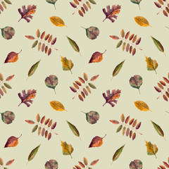 Seamless pattern wich autumn leves. Hand drawn watercolor illustration. Fabric textile wallpaper print texture. October mood	