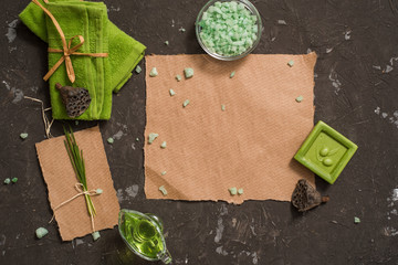 Vintage green spa still life with handmade soap. Flay lay, Top view .Postcard on kraft paper