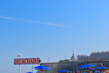 Deckchairs hire sign on the beach, Viking Bay, Broadstairs, UK