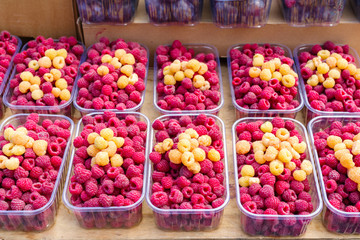 fresh red and yellow raspberries in plastic containers for sale on the counter