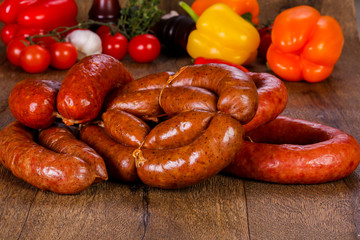 Pork sausages over wooden