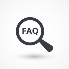 FAQ. icon for web. Magnifying glass with text faq