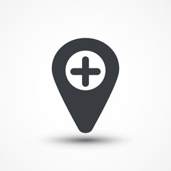 Map pointer with plus icon. Flat design style