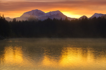 Amazing sunrise of Hintersee lake of Bavarian Alps