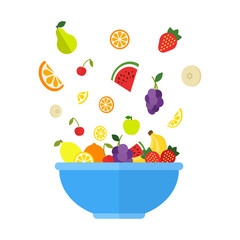 Fruits and berries are falling in big blue bowl. Fresh fruit salad isolated on white background. Fruit mix for healthy life. Vegan menu. Vector illustration