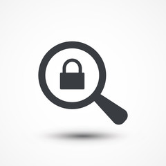 Magnifying glass with closed padlock icon on white background