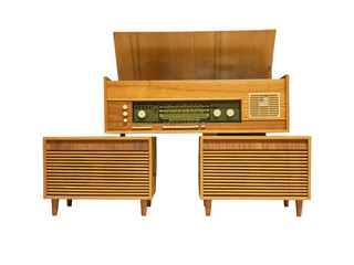 Vintage wooden radiogram isolated on whitebackground - obrazy, fototapety, plakaty
