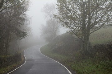 foggy road in the Peak District, UK