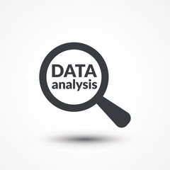 Magnifying glass with words data analysis on white background